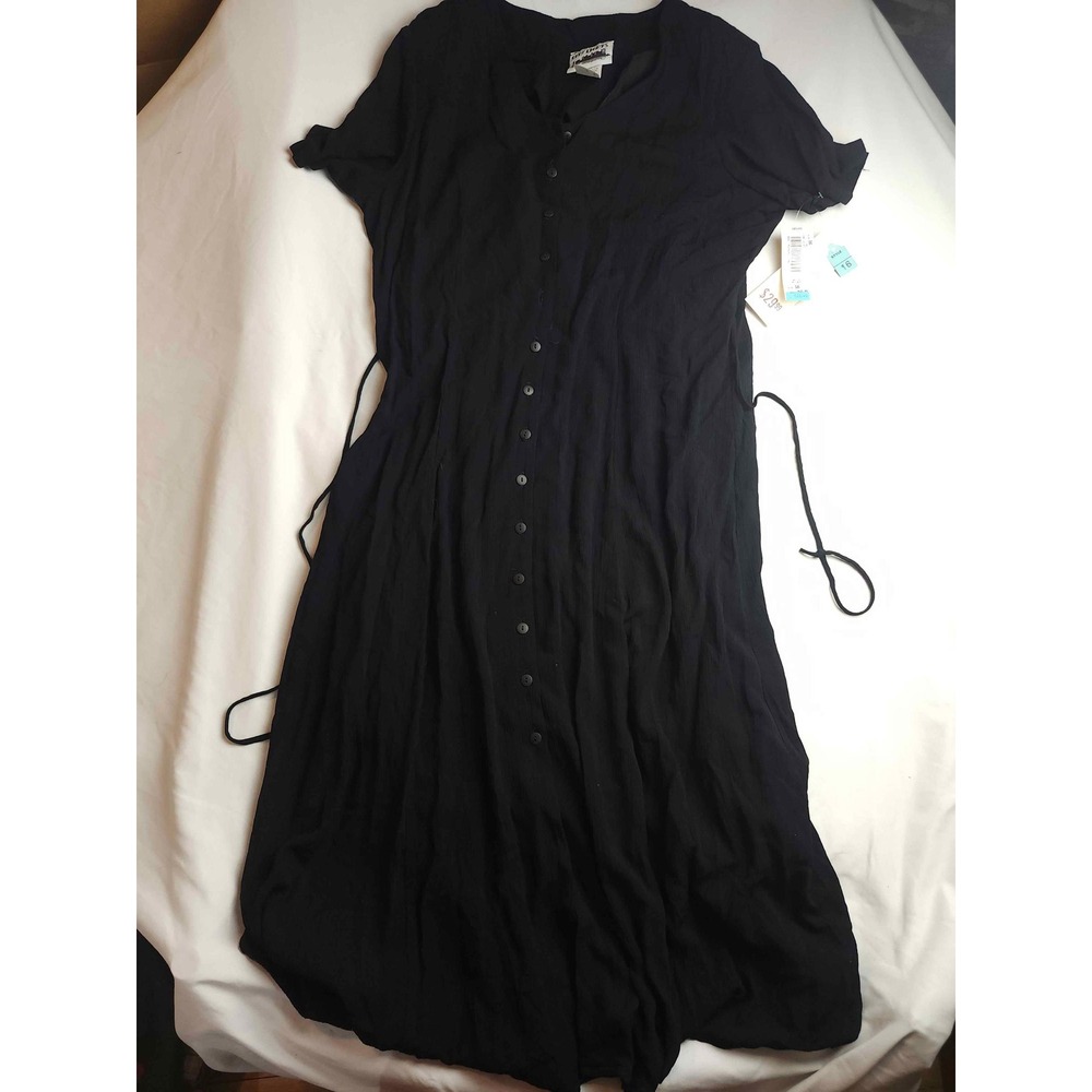 Vintage City Lights Black Rayon Button Front Midi Dress Side Tie 16P NWT 90s USA